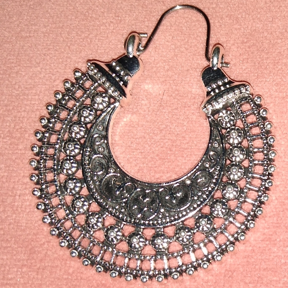 Silver Intricate Filigree Lace Earrings India Huggie Hoops Bohemian Aesthetic - Picture 5 of 8